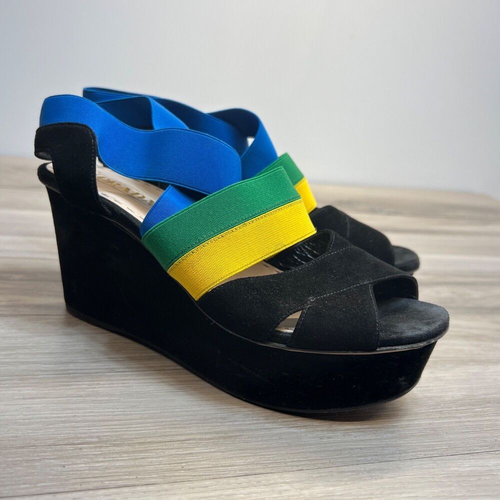 Prada Suede Strappy Colorblock Black Wedge‎ Sandal Size 38 US 8